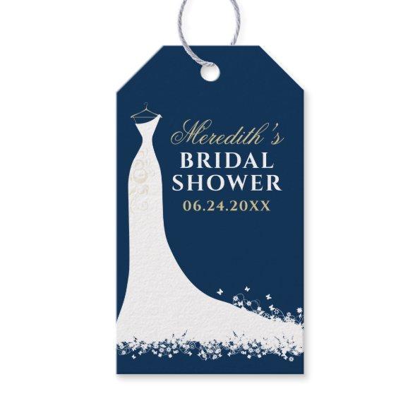 Elegant Navy and Gold Wedding Gown Bridal Shower Gift Tags