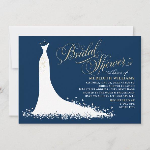 Elegant Navy and Gold Wedding Gown Bridal Shower Invitations