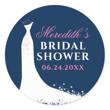 Elegant Navy and Pink Wedding Gown Bridal Shower Classic Round Sticker