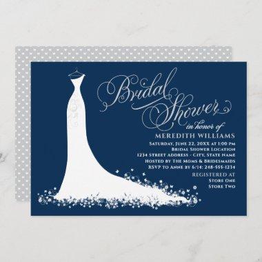 Elegant Navy and Silver Gown Bridal Shower Invitations