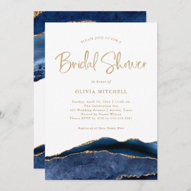Elegant Navy Blue Agate with Gold | Bridal Shower Invitations