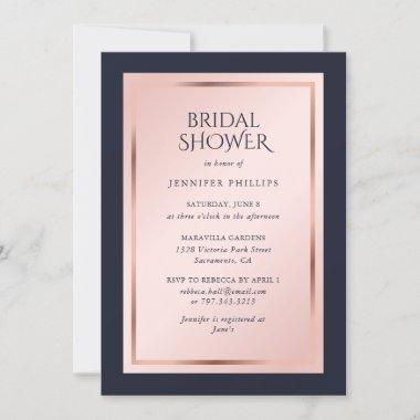 Elegant Navy Blue Blush Rose Gold Bridal Shower Invitations