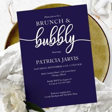 Elegant Navy Blue Brunch And Bubbly Bridal Shower Invitations