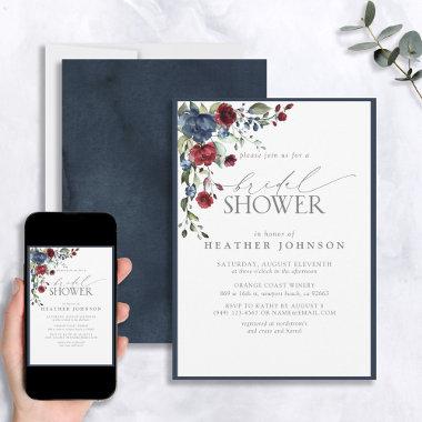 Elegant Navy Blue Burgundy Botanical Bridal Shower Invitations
