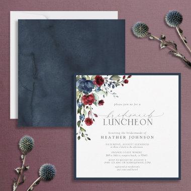 Elegant Navy Blue Burgundy Floral Bridal Luncheon Invitations
