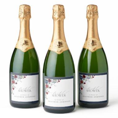 Elegant Navy Blue Burgundy Floral  Sparkling Wine Label
