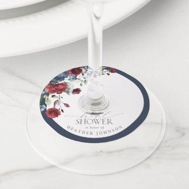 Elegant Navy Blue Burgundy Floral Bridal Shower Wine Glass Tag