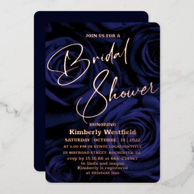 elegant navy blue chic Bridal Shower Rose Gold Foil Invitations