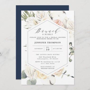 Elegant Navy Blue Eucalyptus Floral Bridal Shower Invitations