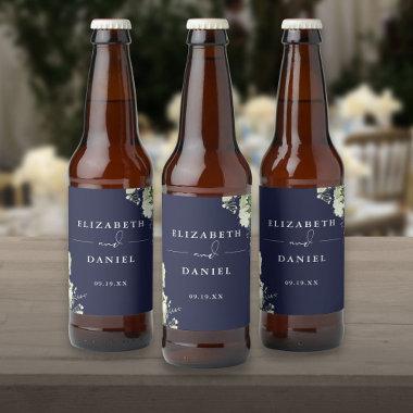 Elegant Navy Blue Floral Greenery Wedding Beer Bottle Label