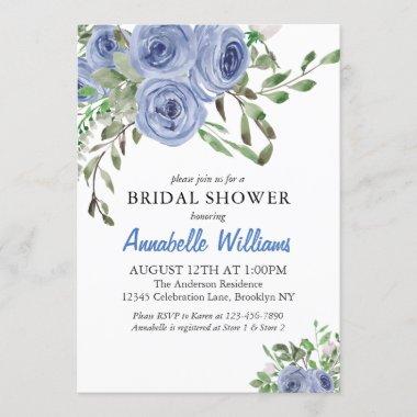 Elegant Navy Blue Floral Watercolor Bridal Shower Invitations