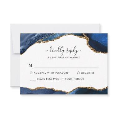 Elegant Navy Blue Gold Foil Agate Gemstone Wedding RSVP Card
