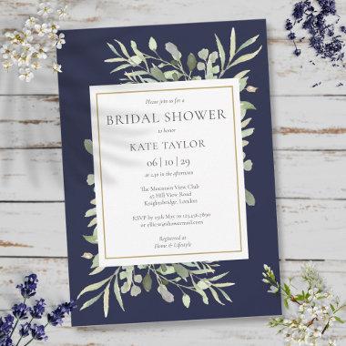 Elegant Navy Blue Gold Greenery Bridal Shower Invitations