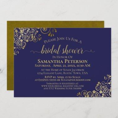 Elegant Navy Blue & Gold Lace Frills Bridal Shower Invitations