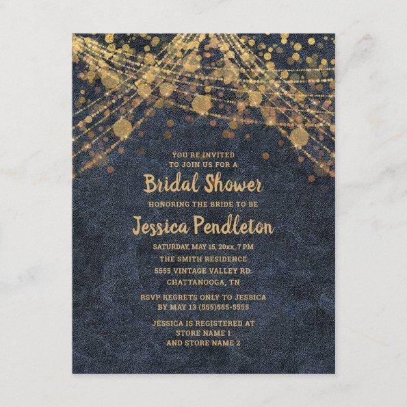 Elegant Navy Blue Gold String Lights Bridal Shower Invitations