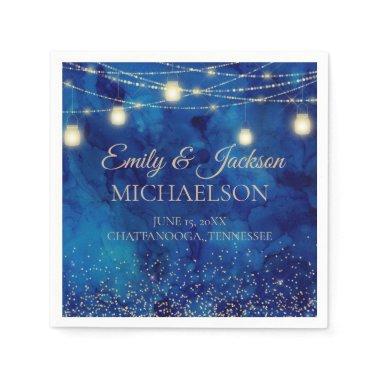 Elegant Navy Blue Gold String Lights Wedding Napkins