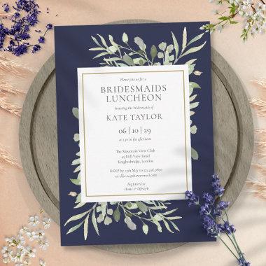 Elegant Navy Blue Greenery Bridesmaids Luncheon Invitations