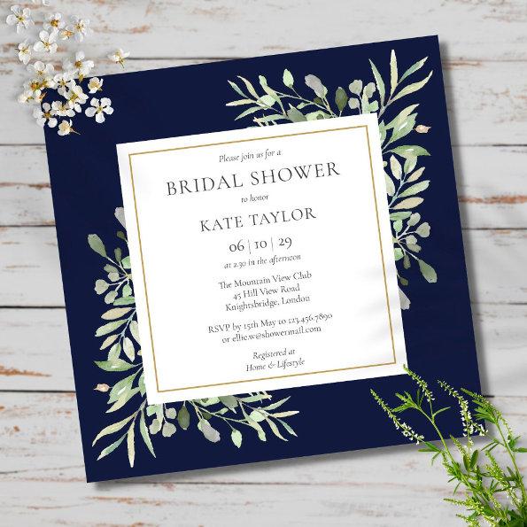 Elegant Navy Blue Greenery Wedding Bridal Shower Invitations