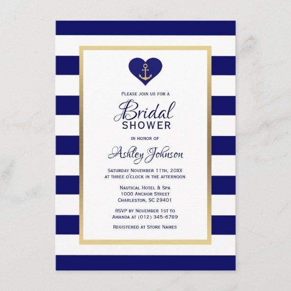 Elegant Navy Blue Nautical Wedding Bridal Shower Invitations