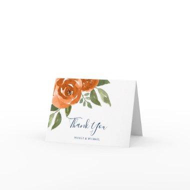 Elegant Navy Blue Orange Watercolor Floral Wedding Thank You