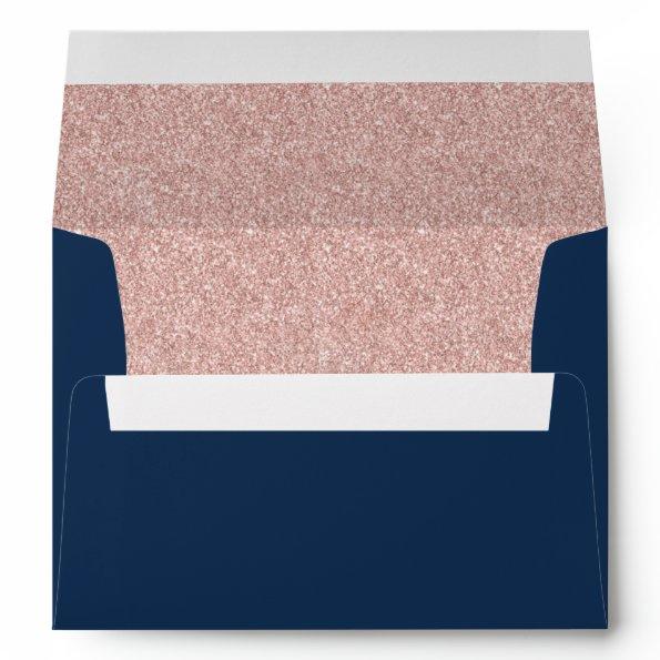 Elegant Navy Blue Rose Gold Glitter Modern Wedding Envelope