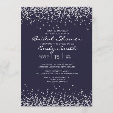 Elegant Navy Blue Silver Glitter Bridal Shower Invitations