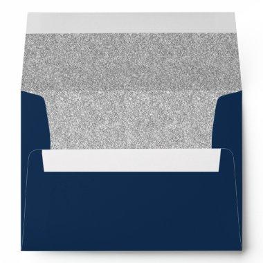 Elegant Navy Blue Silver Glitter Modern Wedding Envelope