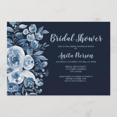 Elegant navy blue watercolor floral bridal shower Invitations