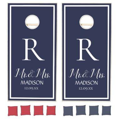 Elegant navy blue white Mr & Mrs Modern Wedding Cornhole Set