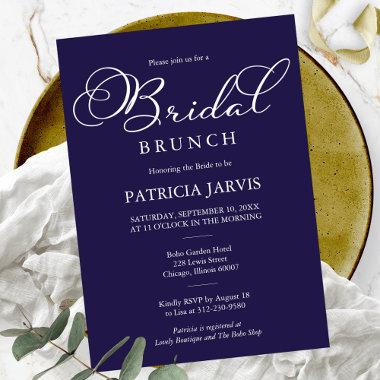 Elegant Navy Blue White Script Bridal Brunch Invitations