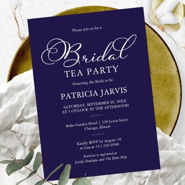Elegant Navy Blue White Script Bridal Tea Party Invitations