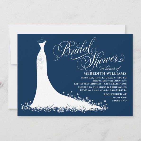 Elegant Navy Blue White Wedding Gown Bridal Shower Invitations