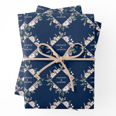 Elegant Navy Blush Blush Pink Peony Floral Wedding Wrapping Paper Sheets