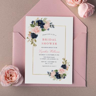 elegant navy & blush floral bridal shower Invitations