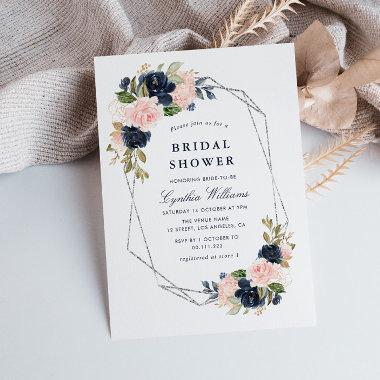 elegant navy & blush floral silver bridal shower Invitations