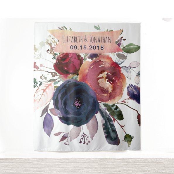 Elegant Navy Burgundy Floral Photo Booth Banner Tapestry