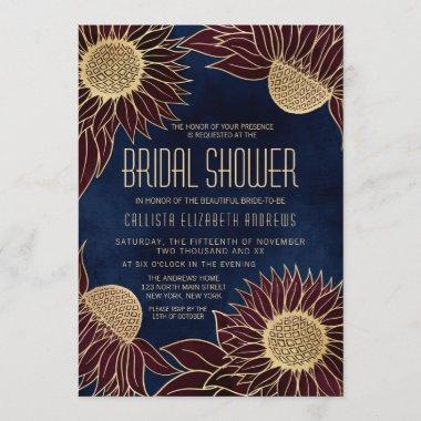 Elegant Navy Burgundy Gold Sunflower Bridal Shower Invitations