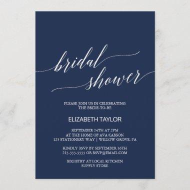 Elegant Navy Calligraphy Bridal Shower Invitations
