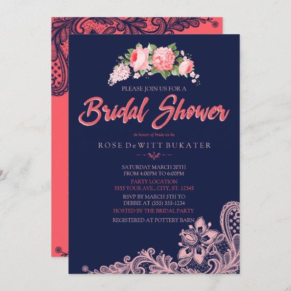 Elegant Navy & Coral Bridal Shower Invitations