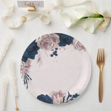 elegant navy & dusty rose flowers botanical paper plates
