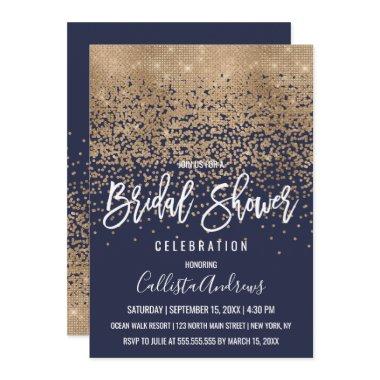 Elegant Navy Gold Glitter Confetti Bridal Shower Invitations