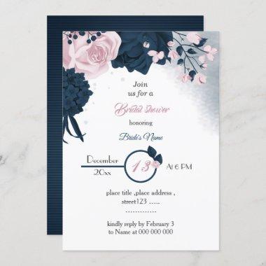 elegant navy & pink flowers bridal shower Invitations