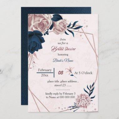 elegant navy & pink flowers geometricbridal shower Invitations