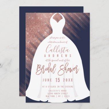 Elegant Navy Rose Gold Glitter Dress Bridal Shower Invitations