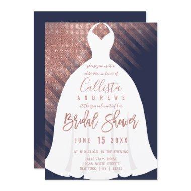 Elegant Navy Rose Gold Glitter Dress Bridal Shower Invitations