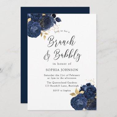 Elegant Navy Roses Brunch Bubbly Bridal Shower Invitations