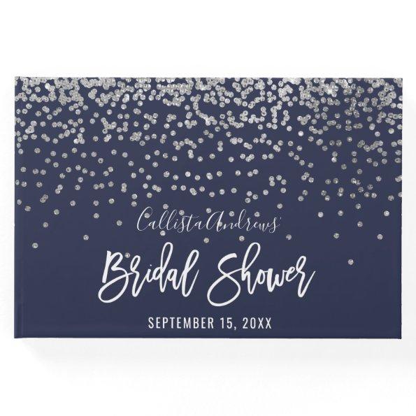 Elegant Navy Silver Glitter Confetti Bridal Shower Guest Book