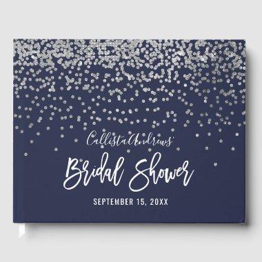 Elegant Navy Silver Glitter Confetti  Guest Book