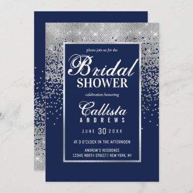 Elegant Navy Silver Glitter Confetti Bridal Shower Invitations
