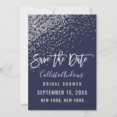 Elegant Navy Silver Glitter Confetti Bridal Shower Save The Date